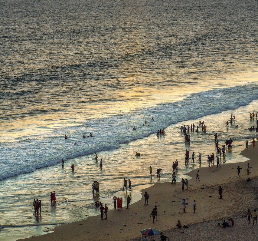 beach, sea, sunset, coast, people, tourism, crowd, golden sunset, water, sand, coastline, seashore, waves, horizon, seascape, scenery, nature, evening, kerala, kerala tourism, varkala